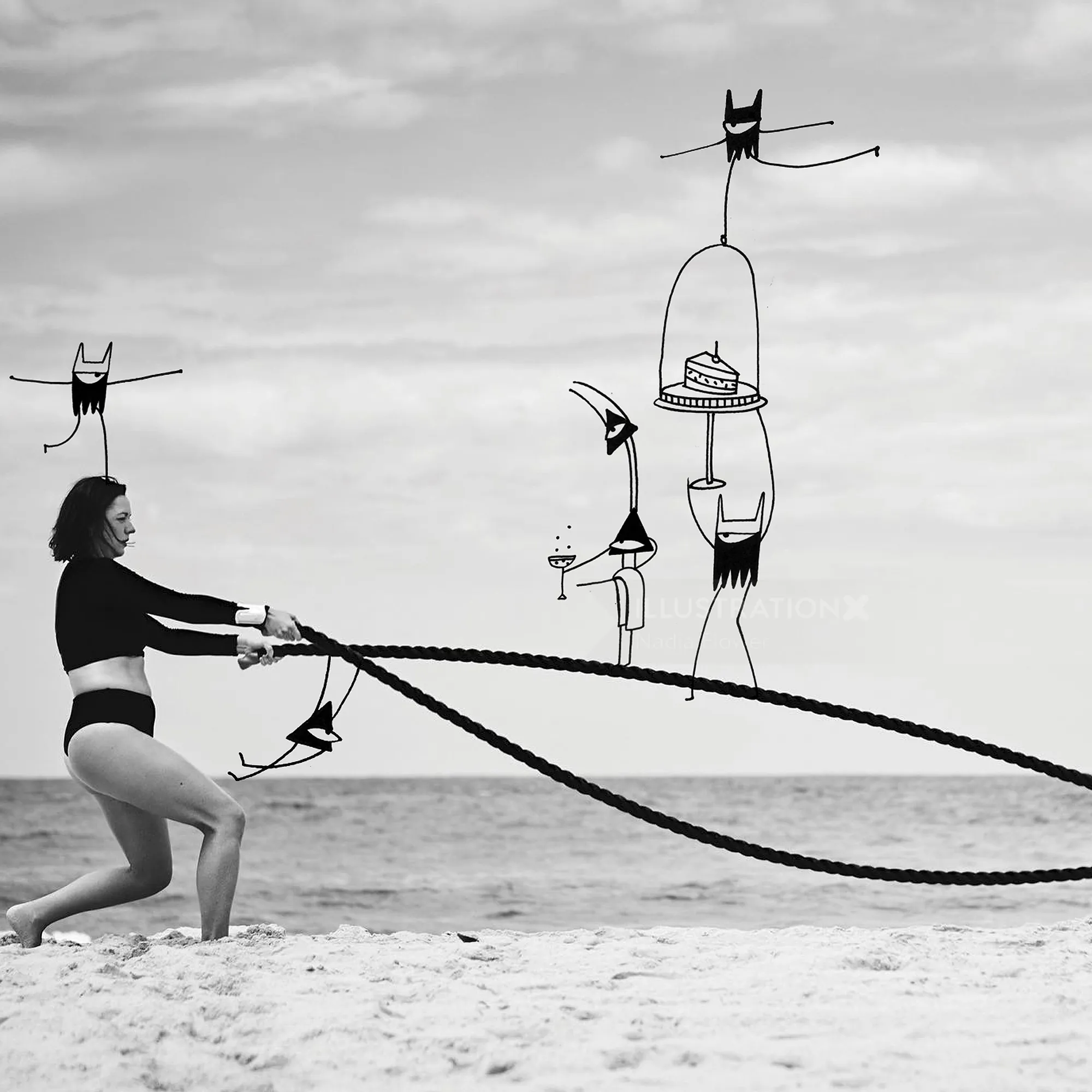 Woman exercising with battle ropes on beach, abstract figures by Nadia Flower