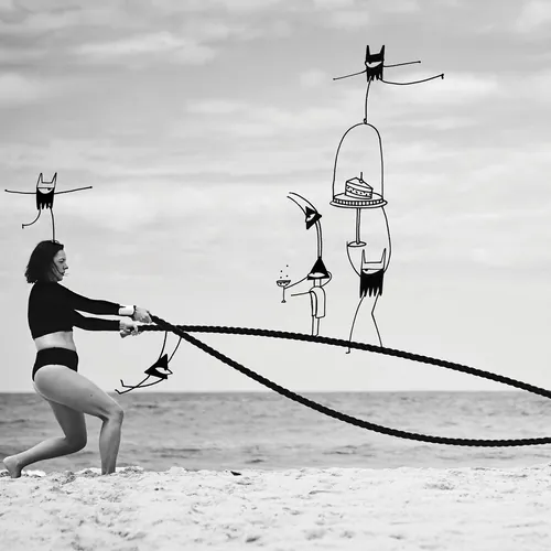 Woman exercising with battle ropes on beach, abstract figures by Nadia Flower