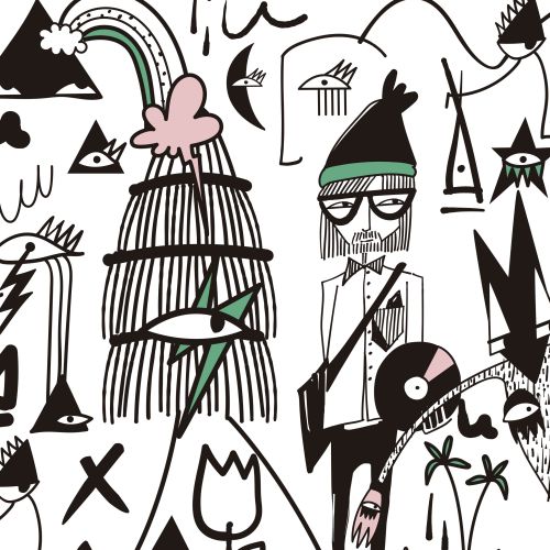 Abstract surreal drawing with eyes, shapes, and a man wearing glasses and a hat by Nadia Flower