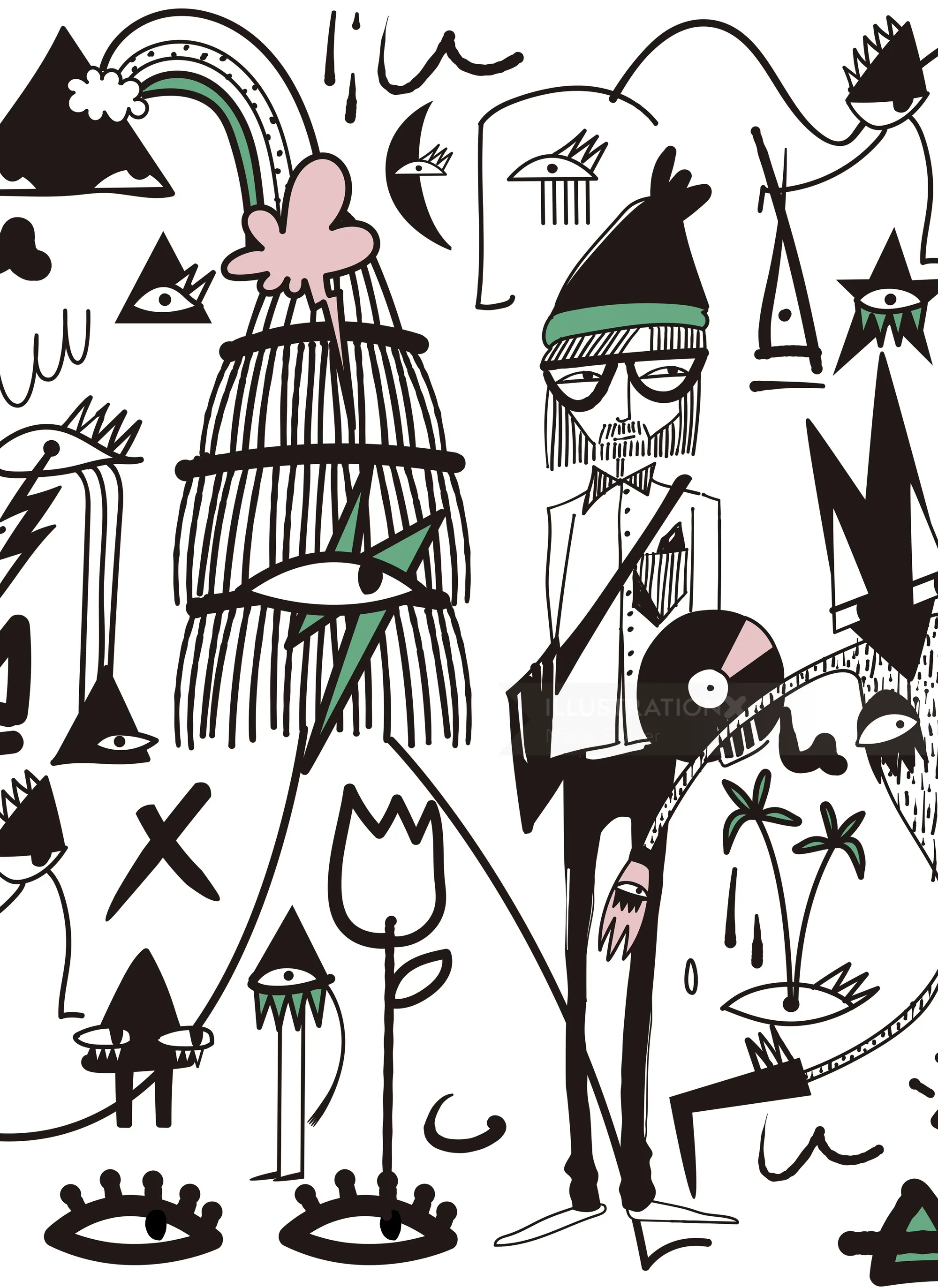Abstract surreal drawing with eyes, shapes, and a man wearing glasses and a hat by Nadia Flower