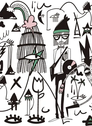 Abstract surreal drawing with eyes, shapes, and a man wearing glasses and a hat by Nadia Flower
