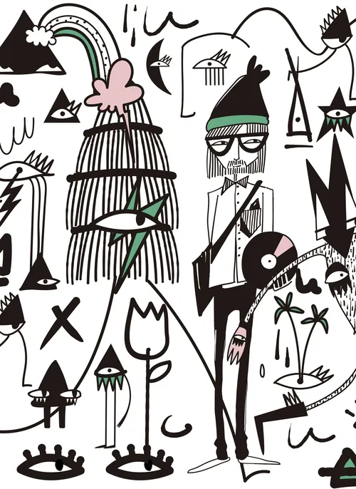 Abstract surreal drawing with eyes, shapes, and a man wearing glasses and a hat by Nadia Flower