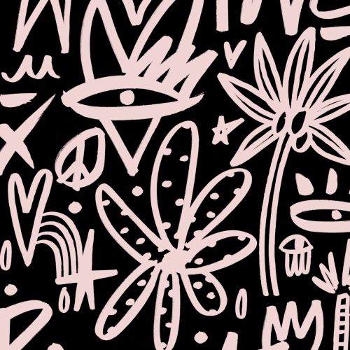 Abstract line art featuring eyes, flowers, and peace symbols by Nadia Flower
