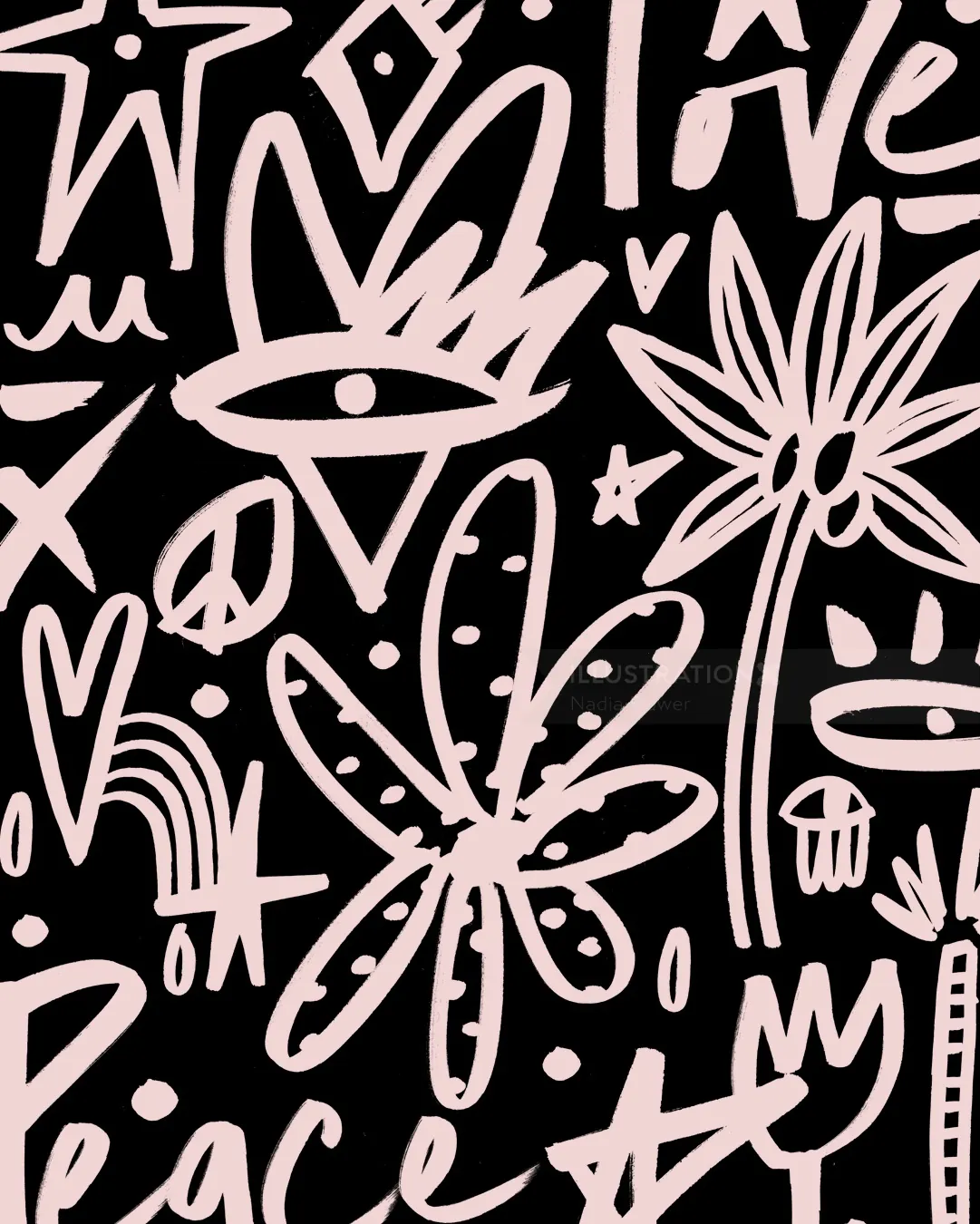 Abstract line art featuring eyes, flowers, and peace symbols by Nadia Flower