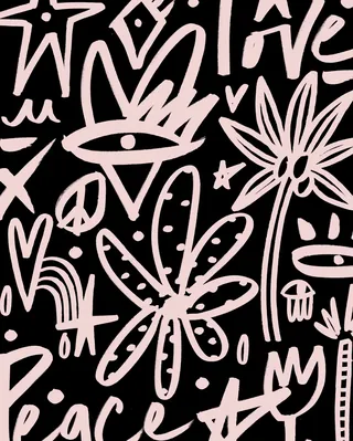 Abstract line art featuring eyes, flowers, and peace symbols by Nadia Flower