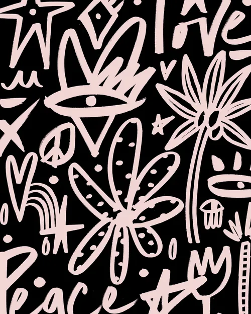 Abstract line art featuring eyes, flowers, and peace symbols by Nadia Flower