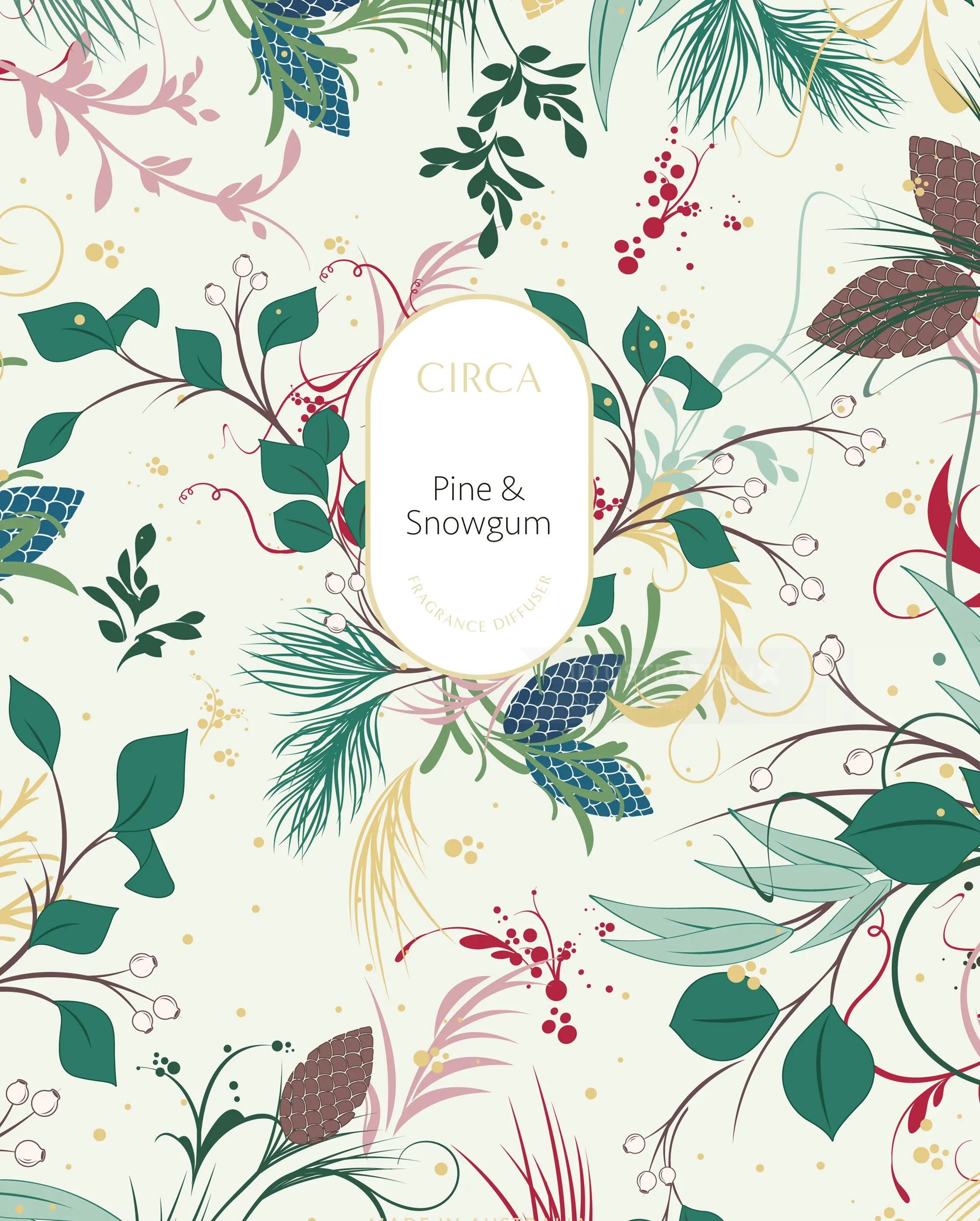 Botanical illustration of pine cones and snowgum leaves by Nadia Flower