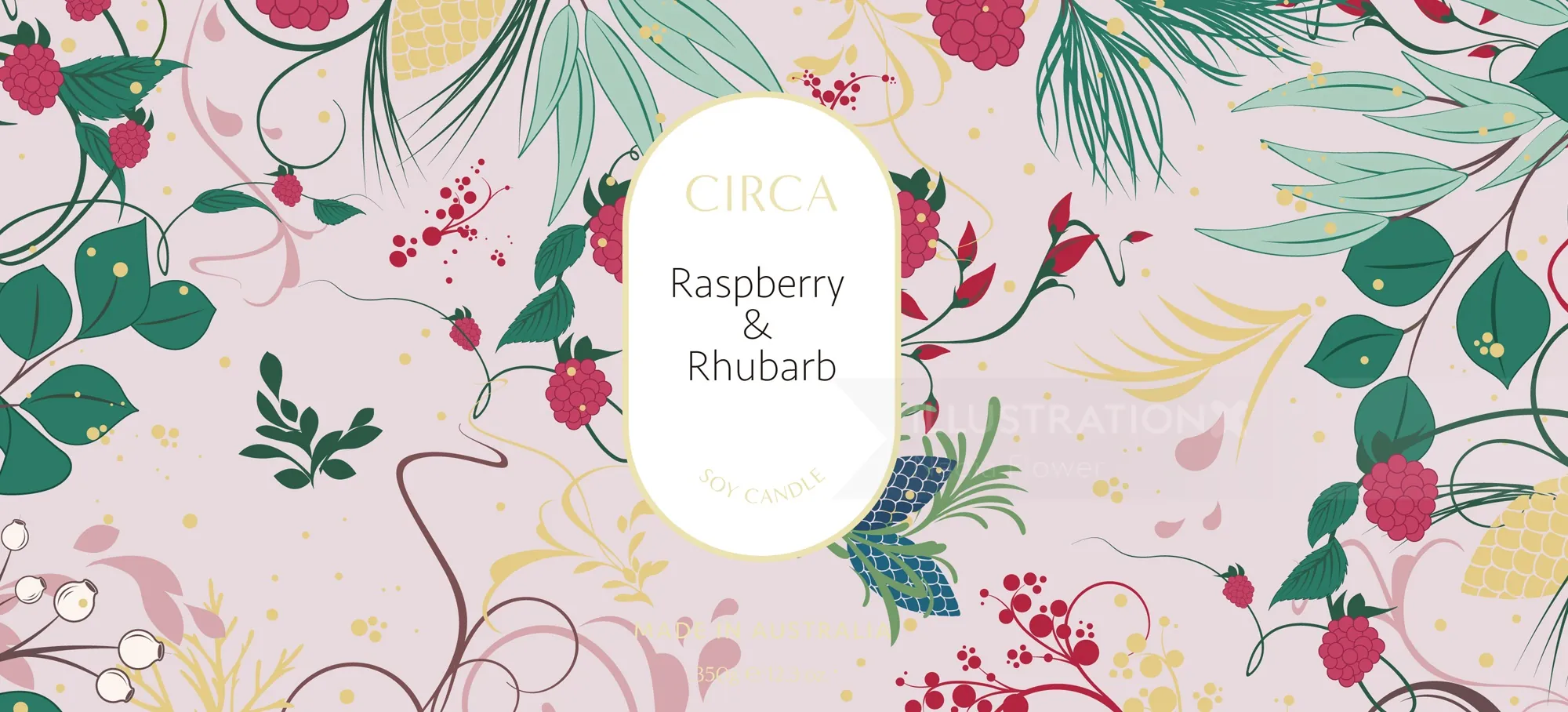 Floral pattern with raspberry and rhubarb fruits by Nadia Flower