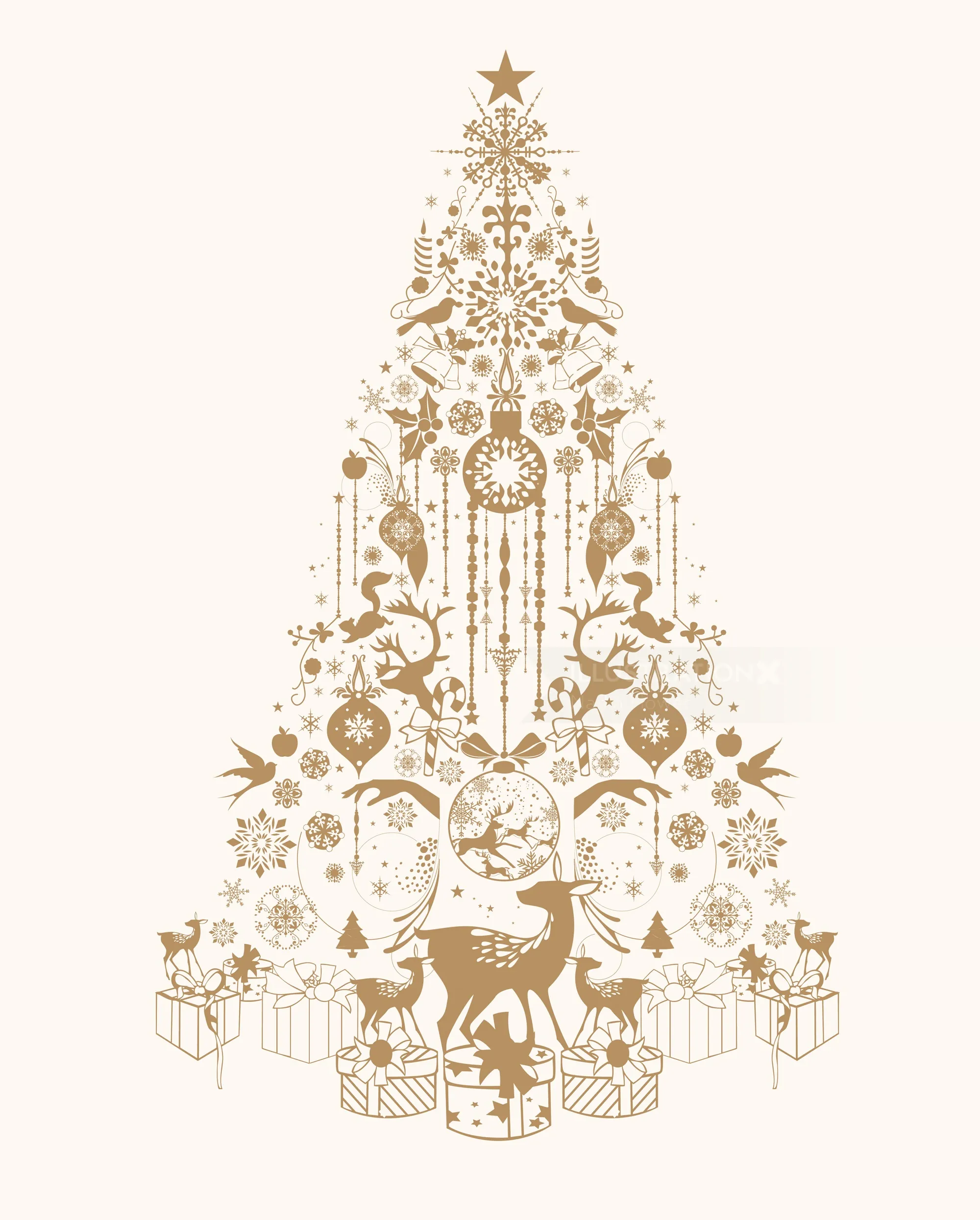 Gold Christmas tree illustration with ornaments, animals, and gifts by Nadia Flower