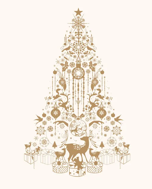 Gold Christmas tree illustration with ornaments, animals, and gifts by Nadia Flower