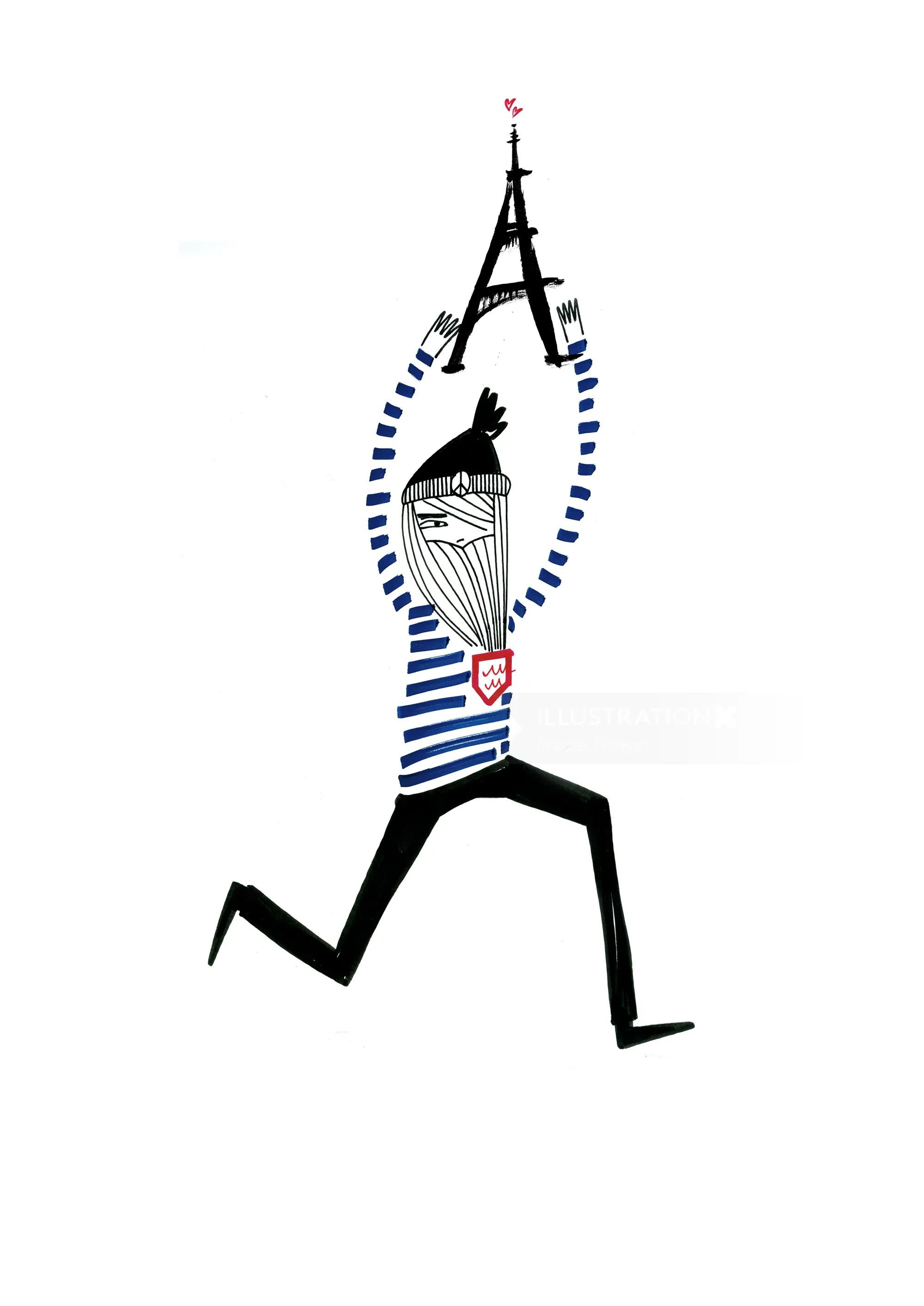 Person in striped shirt hanging from Eiffel Tower illustration by Nadia Flower