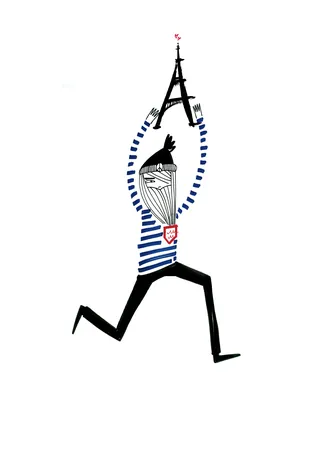 Person in striped shirt hanging from Eiffel Tower illustration by Nadia Flower