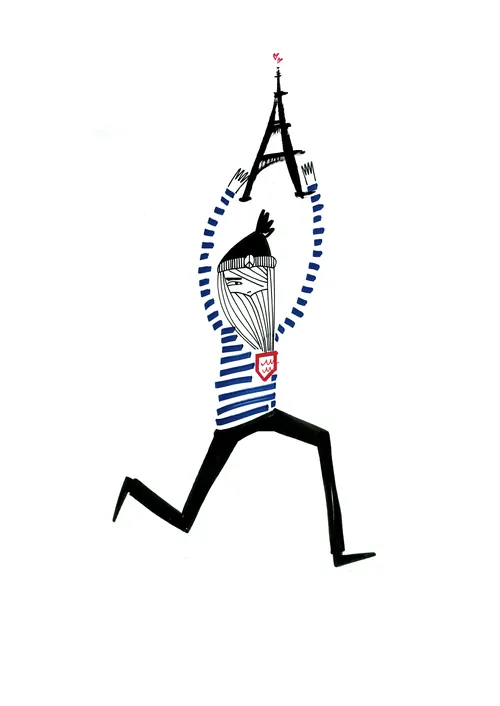 Person in striped shirt hanging from Eiffel Tower illustration by Nadia Flower