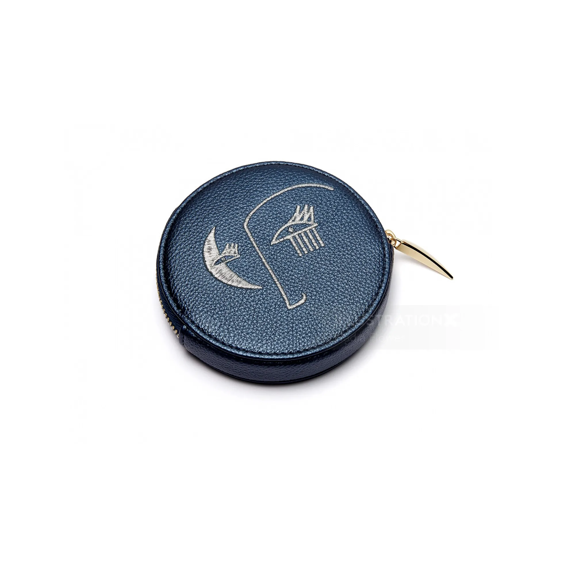 Round navy blue leather coin purse with white designs by Nadia Flower