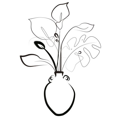 Black and white line drawing of vase with abstract leaves
