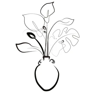 Black and white line drawing of vase with abstract leaves