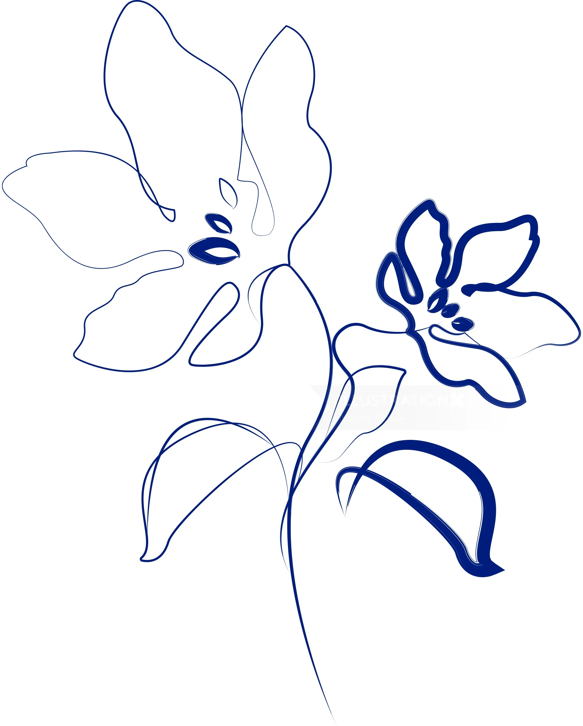 Minimalistische, blaue, durchgehende Linienzeichnung von zwei Blumen und Blättern