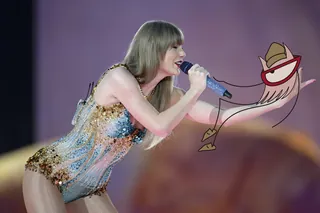 Female singer holding microphone with animated cable character on stage