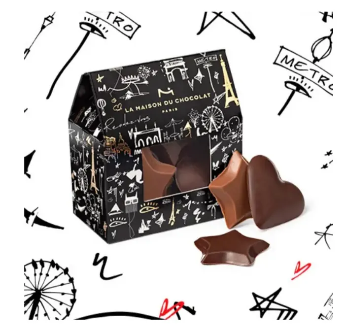 Box of assorted La Maison Du Chocolat chocolates with star and heart shapes