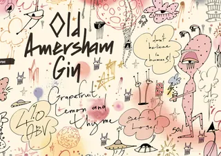Whimsical illustration featuring Old Amersham Gin with grapefruit, lemon, and thyme notes.