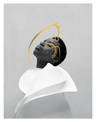 Portrait of person with abstract gold line art on face and white collar