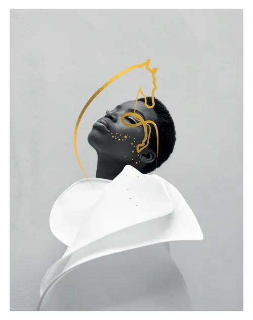Portrait of person with abstract gold line art on face and white collar