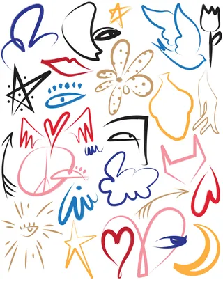 Colorful abstract doodles of faces, stars, flowers, and shapes on white