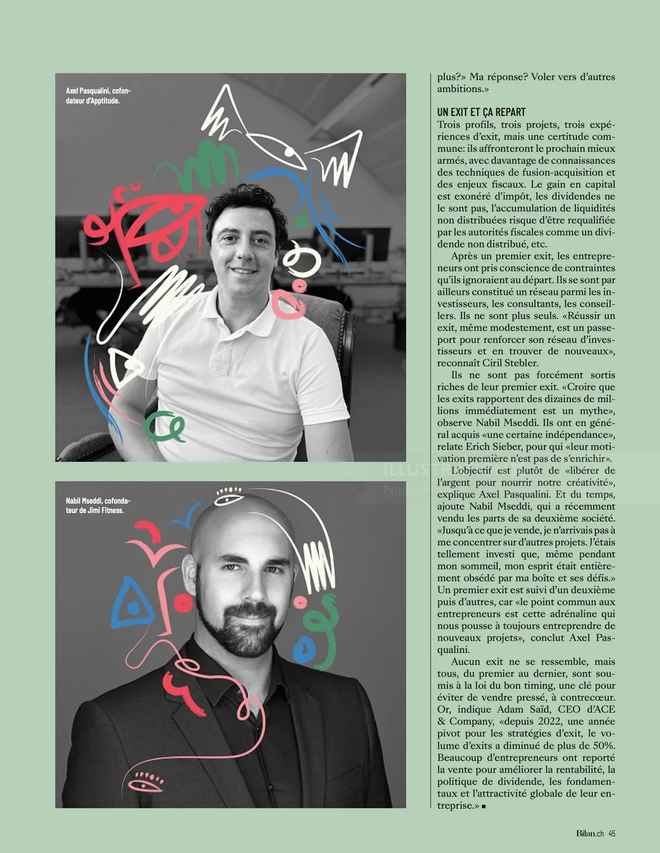 Portraits of two men with artistic doodles and abstract shapes overlay.