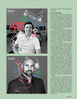 Portraits of two men with artistic doodles and abstract shapes overlay.