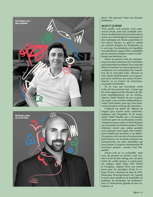 Portraits of two men with artistic doodles and abstract shapes overlay.