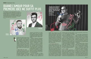 Magazine pages with text and photos of two men discussing creative ideas