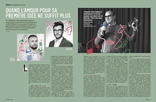 Magazine pages with text and photos of two men discussing creative ideas