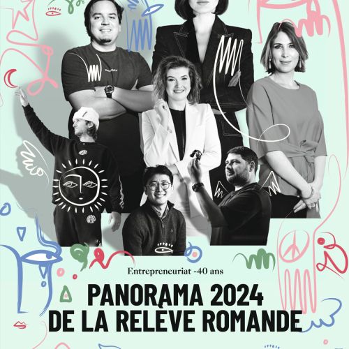 Six professionals posing for Bilan magazine cover on entrepreneurship