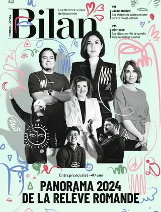 Six professionals posing for Bilan magazine cover on entrepreneurship