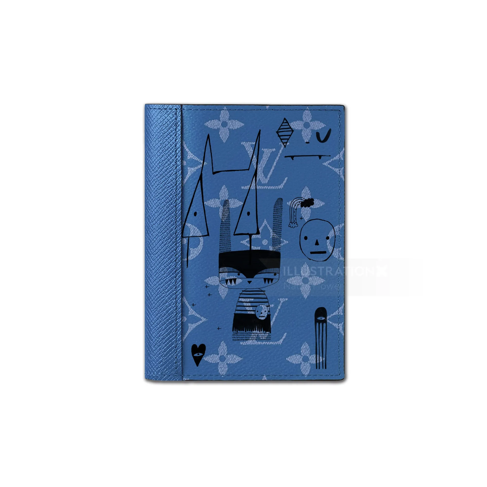 Blue Louis Vuitton notebook with abstract faces and floral patterns