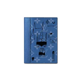 Blue Louis Vuitton notebook with abstract faces and floral patterns