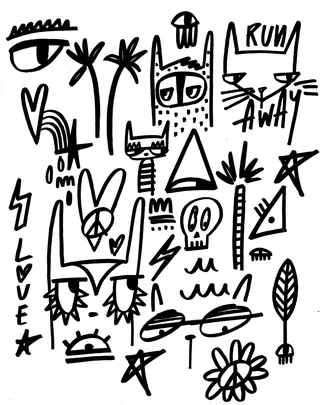 Abstract black and white drawings of symbols and shapes