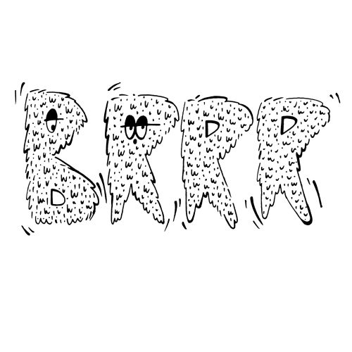 Furry animated letters spelling BRRR with eyes and shaking effect