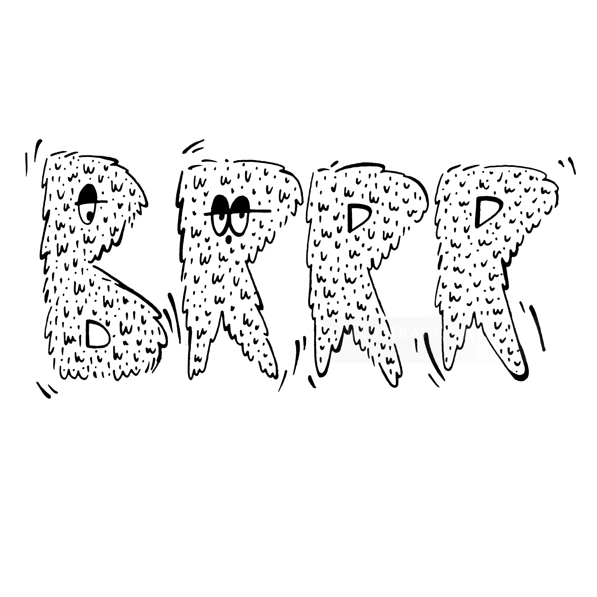 Furry animated letters spelling BRRR with eyes and shaking effect