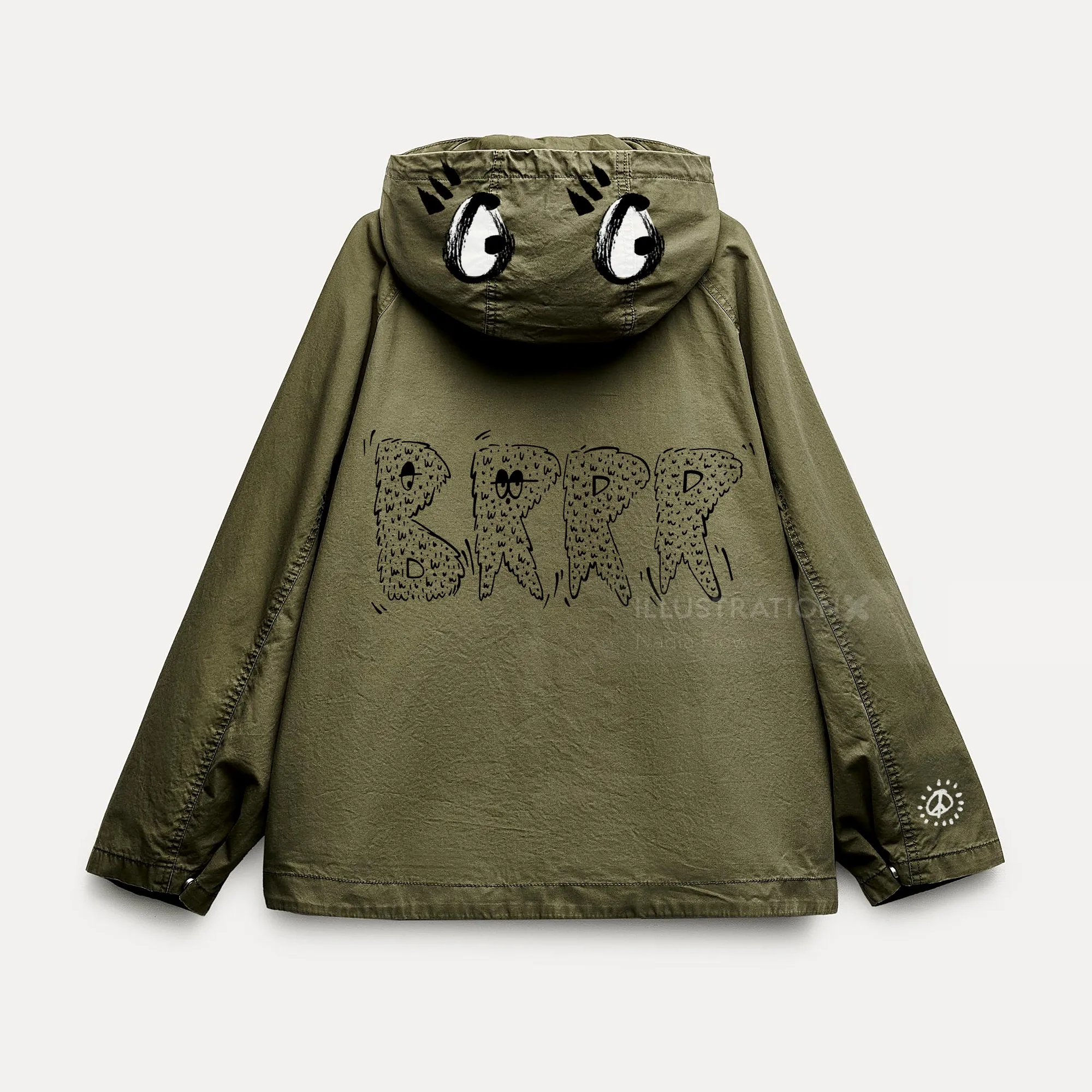 Green jacket with eyes on hood and Brrr text on back