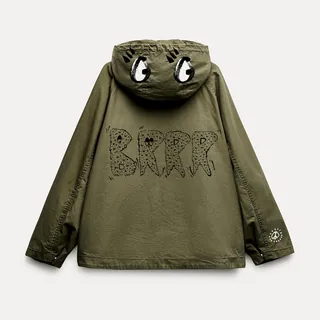 Green jacket with eyes on hood and Brrr text on back