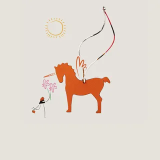 Orange winged unicorn with snowman holding a flower under sun