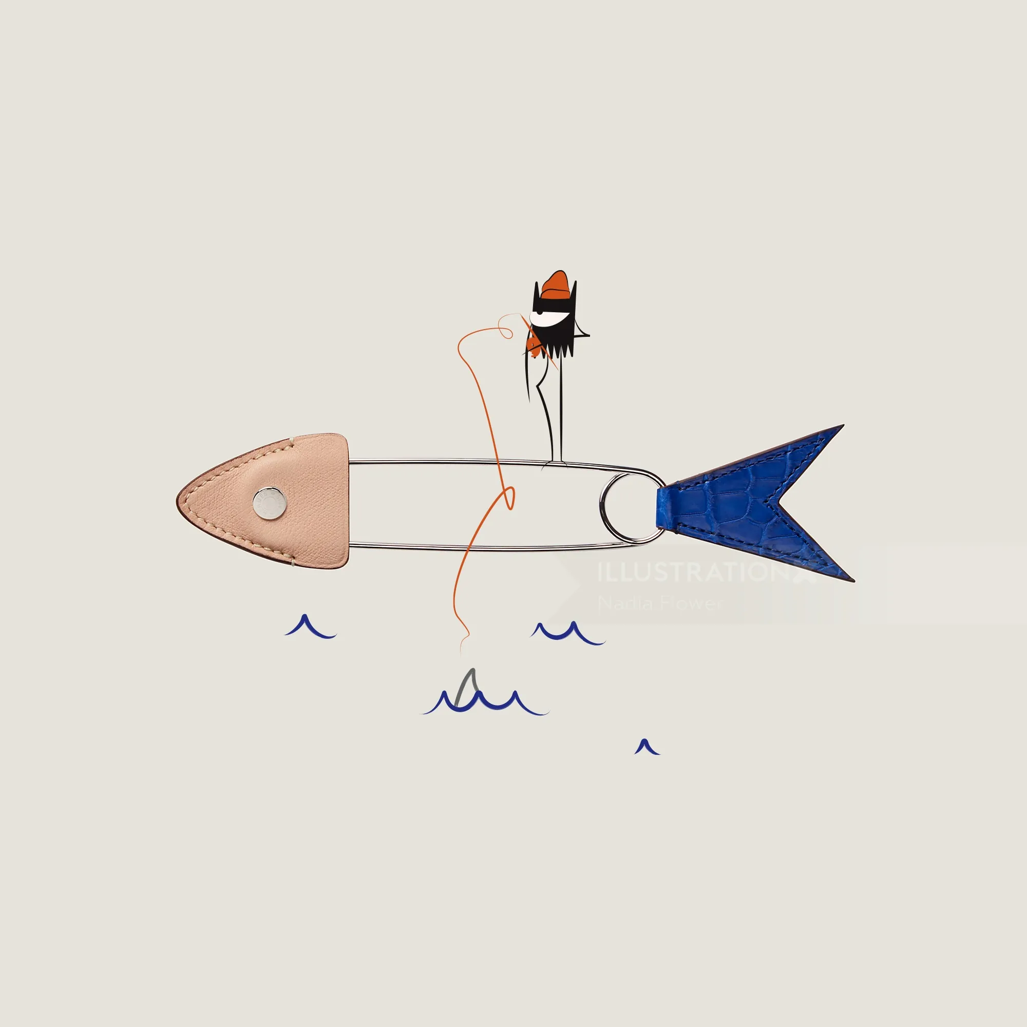 Fishing hook stylized as a rocket with fish on the hook over water