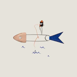 Fishing hook stylized as a rocket with fish on the hook over water