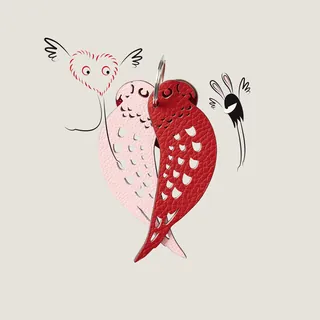 Two heart-shaped birds embracing, one red and one pink with wings