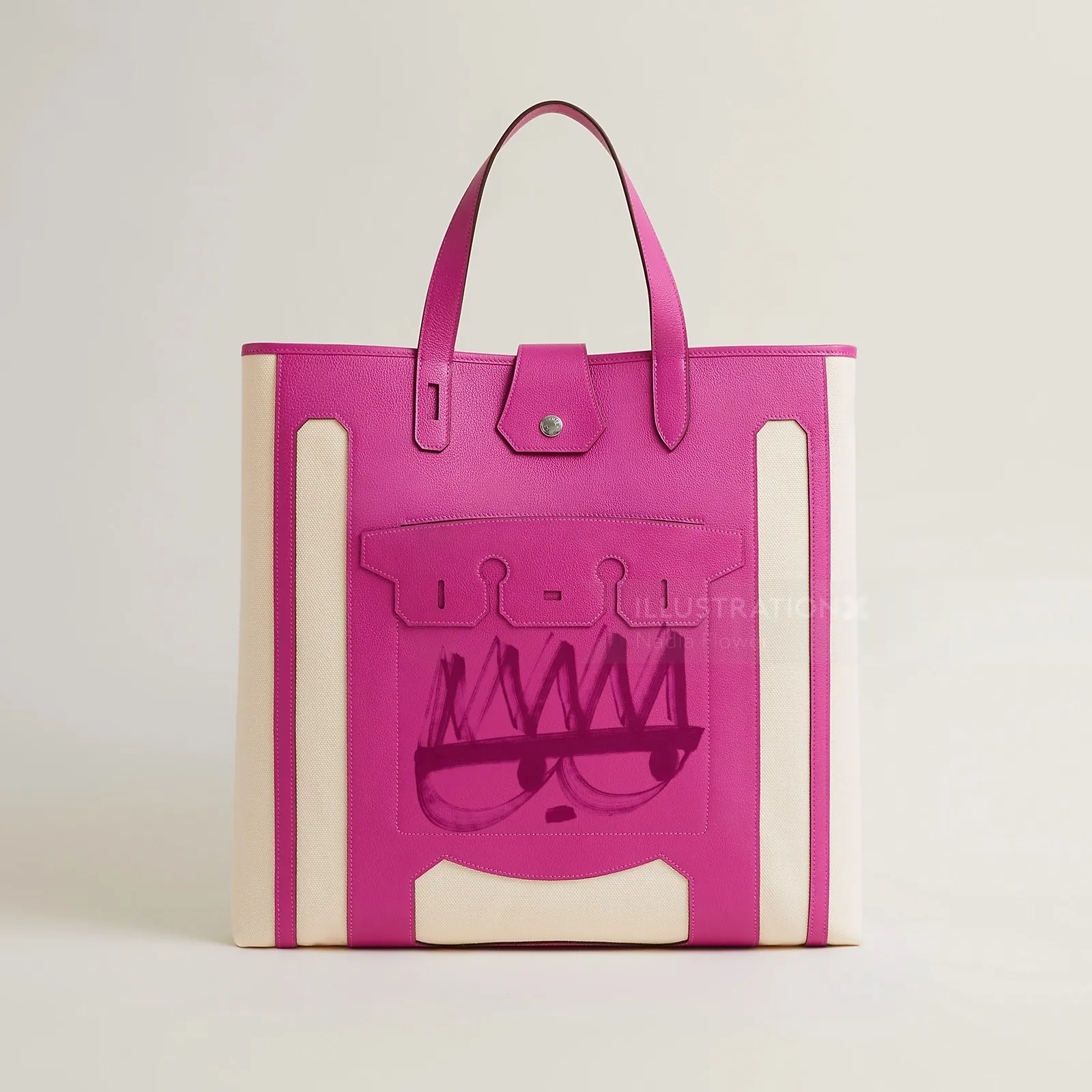 Pink and white tote handbag with front pocket and snap closure