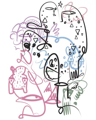 Abstract line art featuring faces, stars, and floral elements