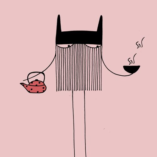 Cartoon figure with long vertical lines as beard pouring tea