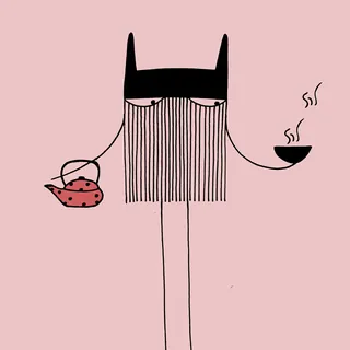 Cartoon figure with long vertical lines as beard pouring tea