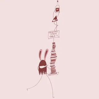 Minimalist bunny character stacking a tall pancake tower under a sign